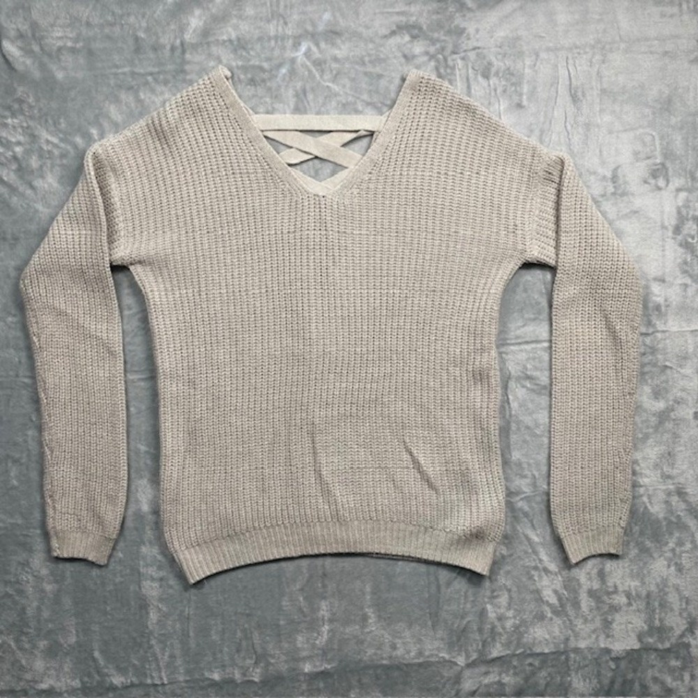 SO‎ Women's Small Beige Knit V Neck Long Sleeve Lace-Up Back Sweater